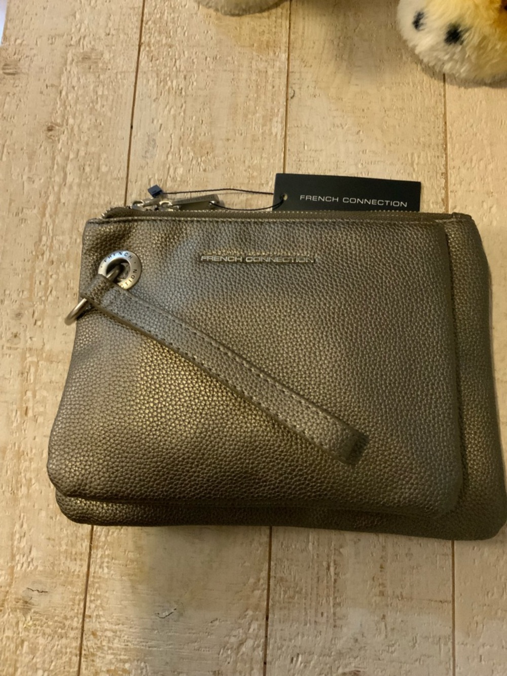 French Connection Metallic Pewter Pebbled Wristlet Clutch